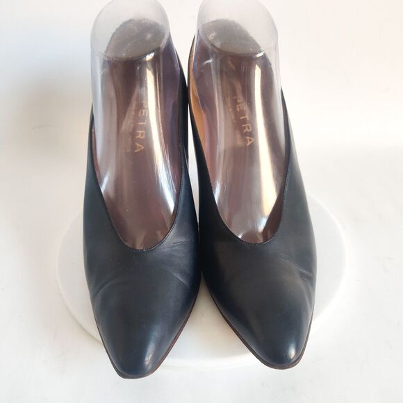 Petra Firenze Heels 9.5 Italian Leather Sole Pumps Navy Blue Pointy Toe Striped - Picture 5 of 13